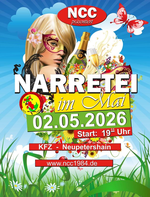 Veranstaltungsplakat "Narretei im Mai" vom NCC – Karnevalsfeier am 02.05.2026 ab 19:00 Uhr im KFZ Neupetershain