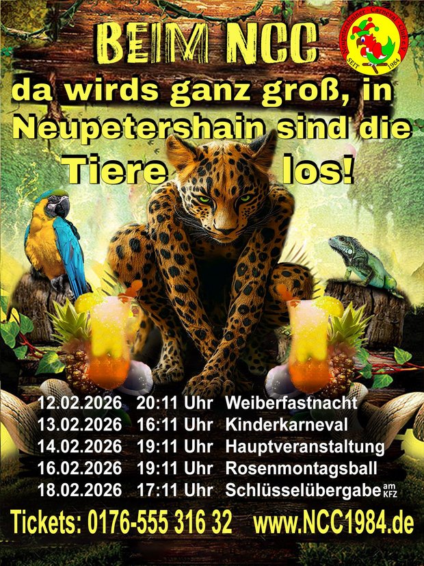 Plakat für eine Karnevalsveranstaltung des NCC in Neupetershain mit einem zentralen Leoparden, einem Papagei links und einem Frosch rechts, umgeben von Pflanzen und zwei Getränken im Vordergrund, dazu Termine und Uhrzeiten verschiedener Karnevalstage im Februar 2026.